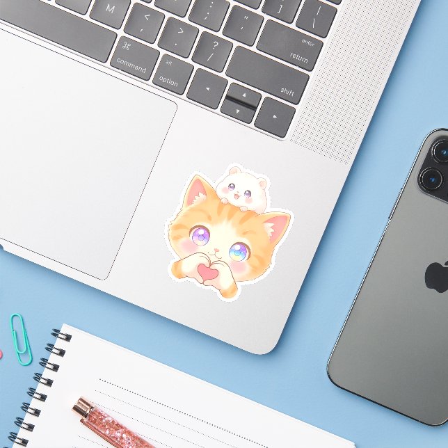 Cute Cat Heart Hands with Hamster on Head Sticker (Laptop mit iPhone)