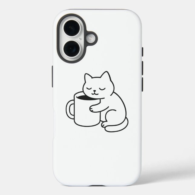 Cute Cat Holding Coffee Minimal iPhone 16 Case (Rückseite)