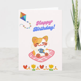 Cute Cat Holding Fish Happy Birthday Card - Funny Karte