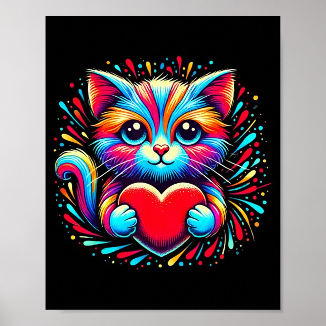 Cute Cat Hugging Valentine Heart Kitty Love Cat Ki Poster (Vorne)
