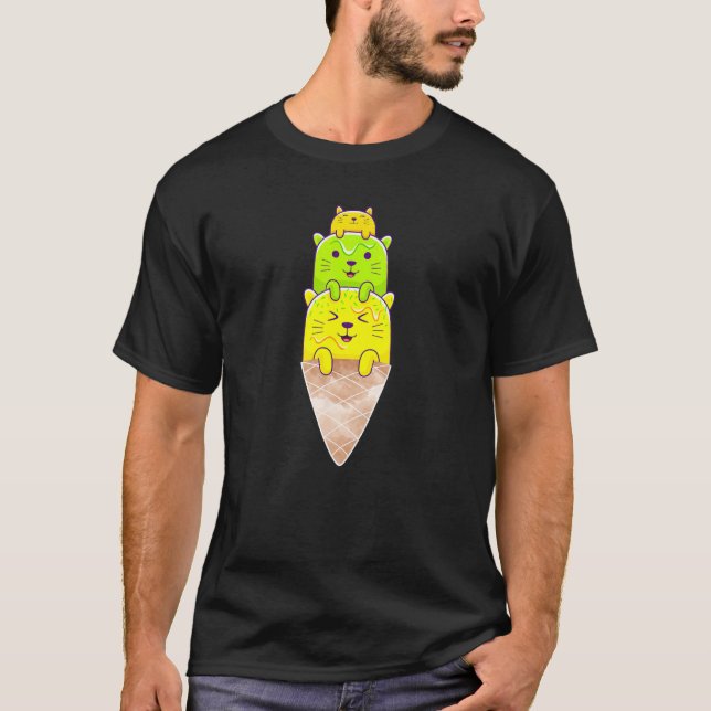 Cute Cat Ice Cream Cone Triple Scoop T-Shirt (Vorderseite)