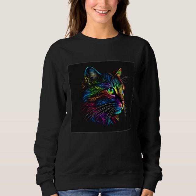 Cute Cat Illustration Adorable Minimal Black Women Sweatshirt (Vorderseite)
