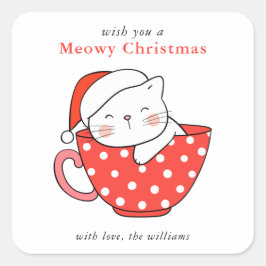 Cute Cat Illustration Red & White Meowy Christmas Quadratischer Aufkleber