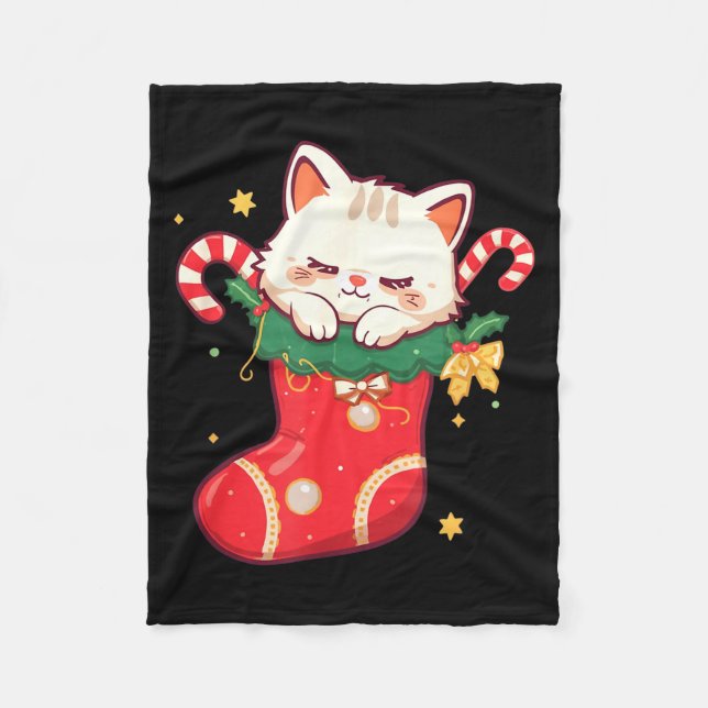 Cute Cat In Christmas Stocking Kawaii Anime Xmas G Fleecedecke (Vorderseite)