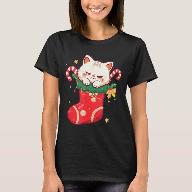 Cute Cat In Christmas Stocking Kawaii Anime Xmas G T-Shirt (Vorderseite)