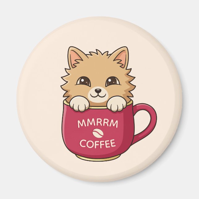 Cute Cat in Coffee Mug Beige Custom Text Magnet (Vorne)