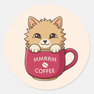 Cute Cat in Coffee Mug Custom Text Beige Runder Aufkleber