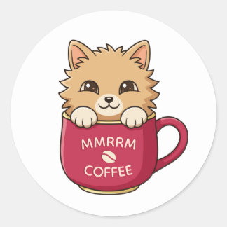 Cute Cat in Coffee Mug Custom Text Runder Aufkleber