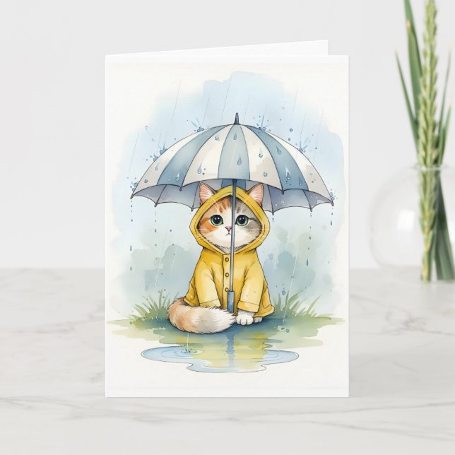 Cute Cat in Raincoat with Umbrella Watercolor  Karte (Vorderseite)