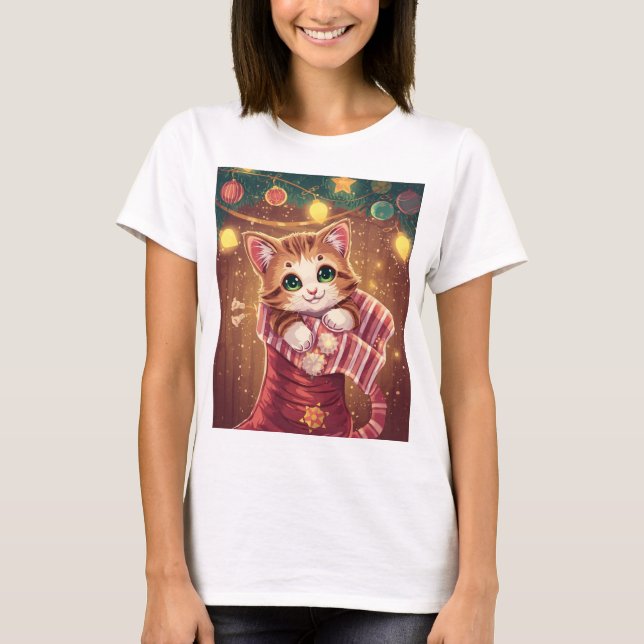 Cute Cat in Stocking Christmas Holiday T-Shirt (Vorderseite)