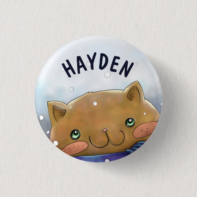 Cute Cat in Winter Personalised Kids Button (Vorderseite)