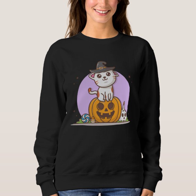 Cute Cat in Witches Hat on Pumpkin with Candy  Hal Sweatshirt (Vorderseite)