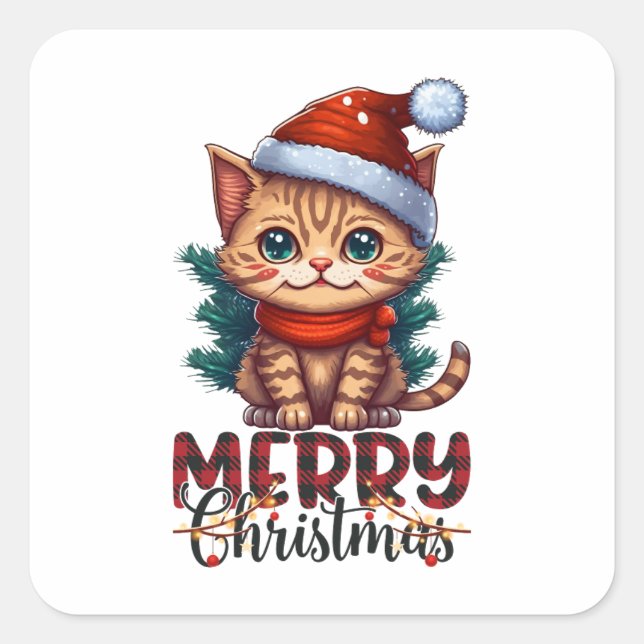 Cute Cat Kitten Merry Christmas Square Sticker (Vorderseite)