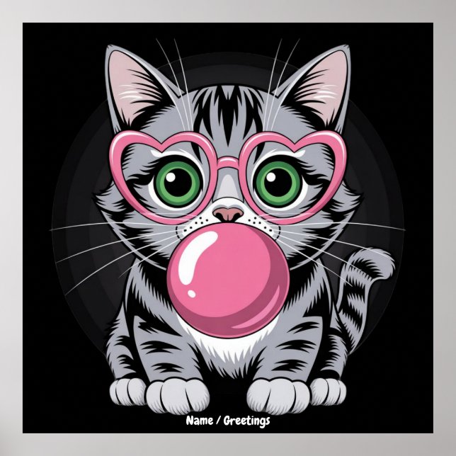 Cute Cat Kitty Eating Gum and Making Bubble Funny Poster (Vorne)