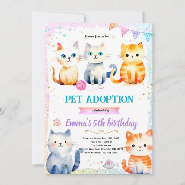 Cute cat kitty theme party invitation einladung (Vorderseite)