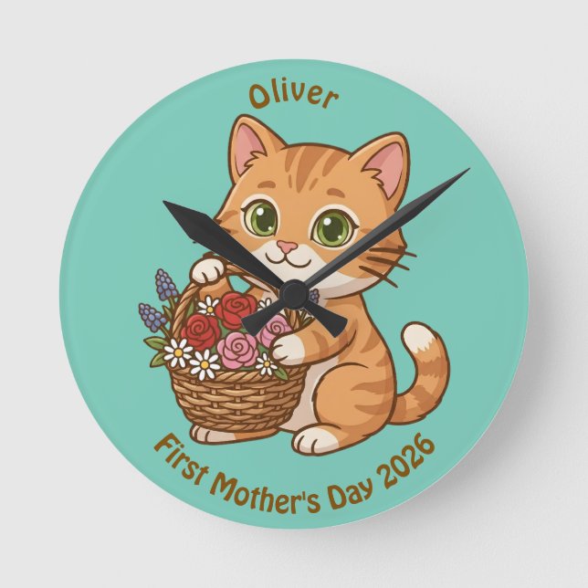 Cute Cat Nursery Wall Clock: Baby Gift Runde Wanduhr (Vorderseite)