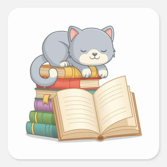 Cute Cat on top of a Book Stack Quadratischer Aufkleber (Vorderseite)