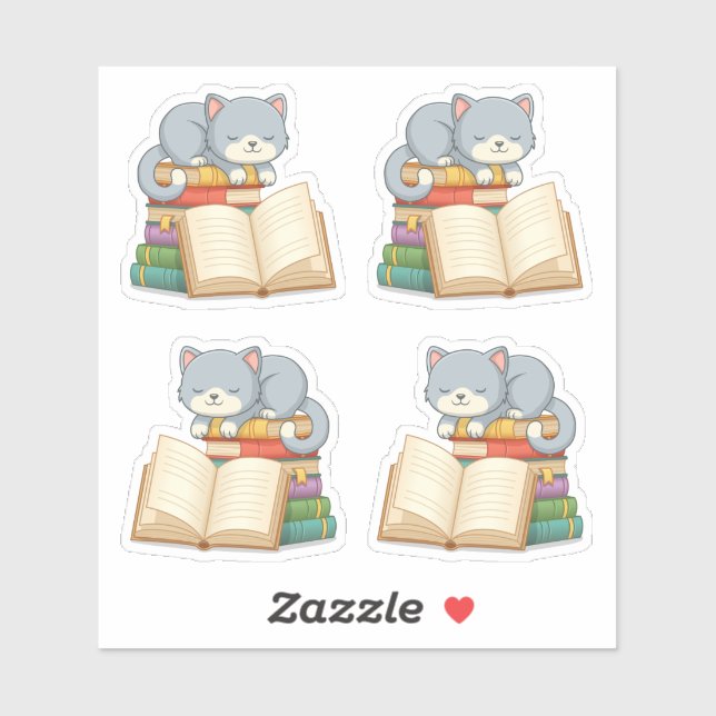 Cute Cat on top of a Book Stack, Set of 4 Aufkleber (Blatt)