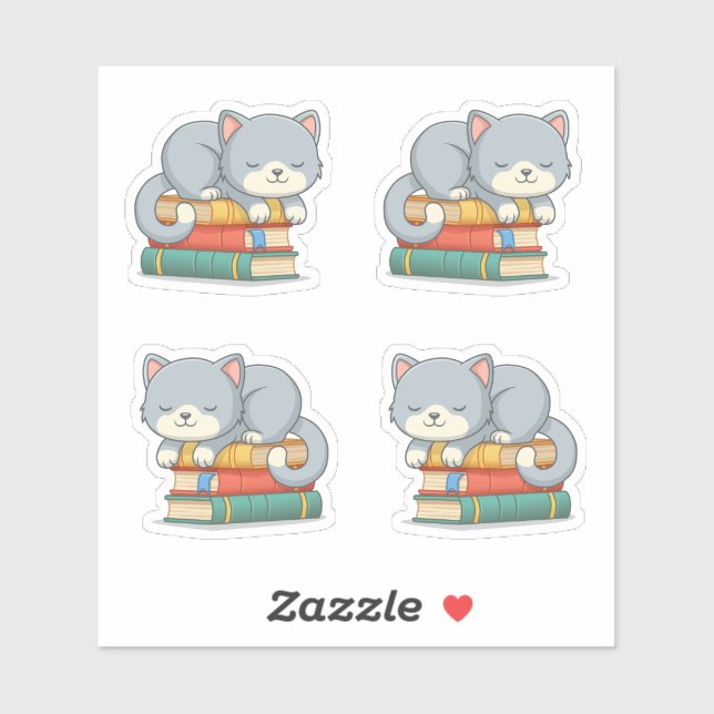 Cute Cat on top of Stack of Books, Set of 4 Aufkleber (Blatt)