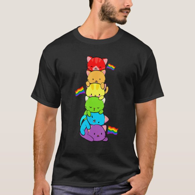 Cute Cat Pet  LGBTQ Rainbow LGBT Gay Men Pride Fla T-Shirt (Vorderseite)