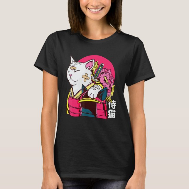 Cute Cat Pet Ninja Samurai Japanese Kanji Design T-Shirt (Vorderseite)