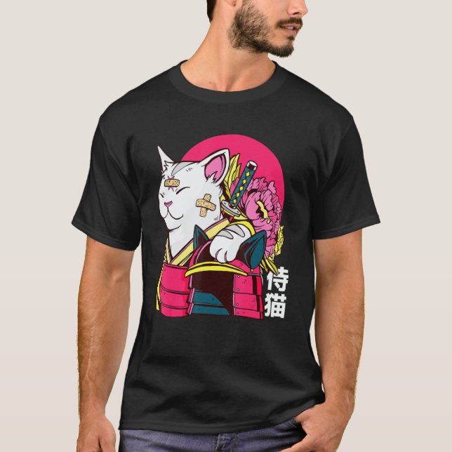 Cute Cat Pet Ninja Samurai Japanese Kanji Design T-Shirt (Vorderseite)