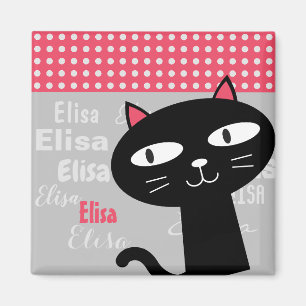 Cute cat pink polka dots personalized name magnet