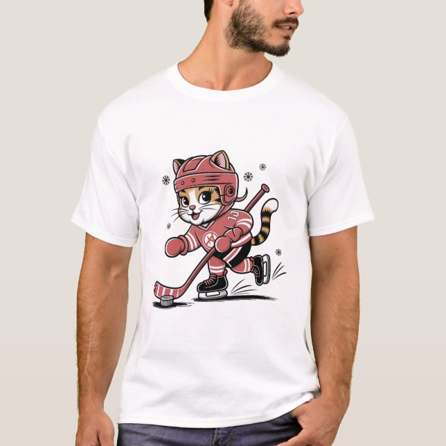 Cute Cat Playing Ice Hockey Cartoon Sports Design T-Shirt (Vorderseite)