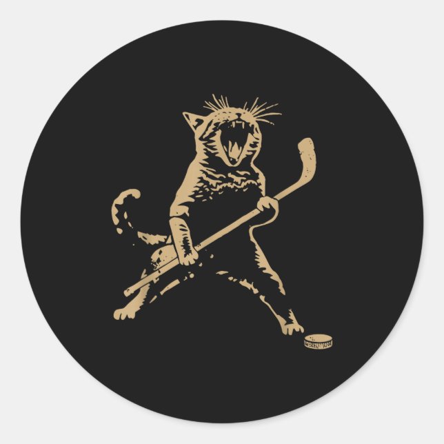 Cute Cat Playing Ice Hockey Lover Player Funny  Runder Aufkleber (Vorderseite)