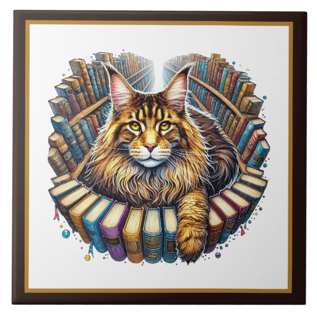 Cute cat reading nook library book lovers  fliese (Vorderseite)