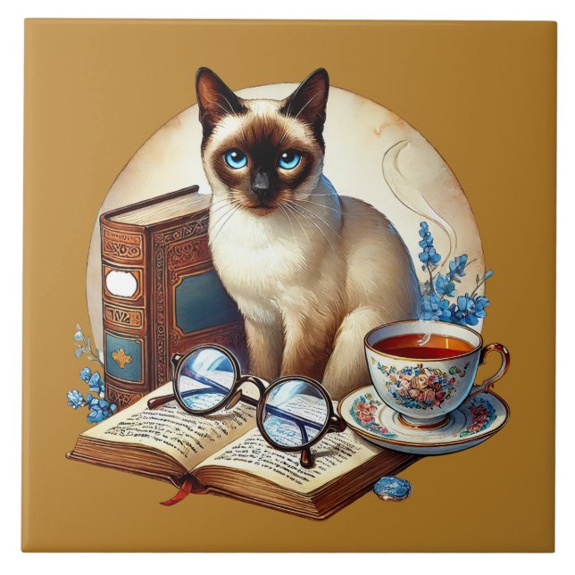 Cute cat reading nook library book lovers  fliese (Vorderseite)