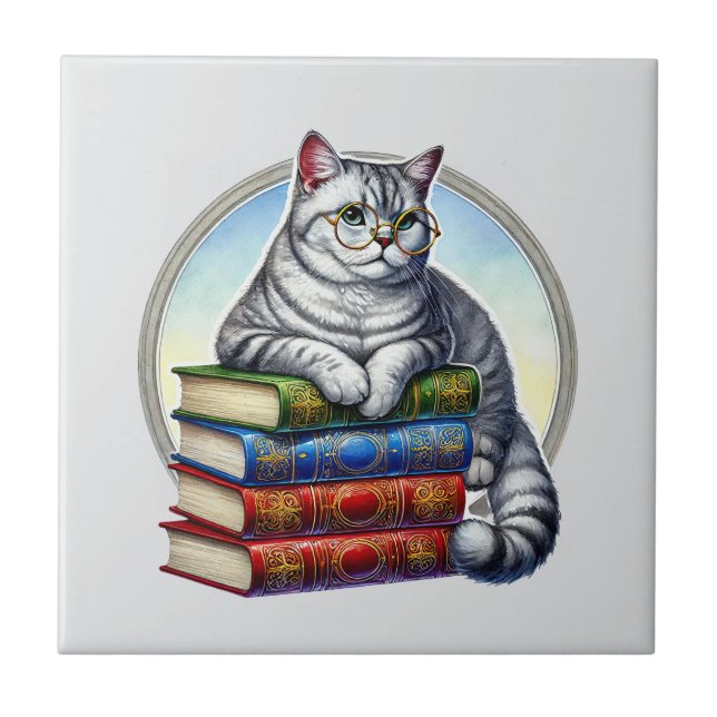 Cute cat reading nook library book lovers  fliese (Vorderseite)
