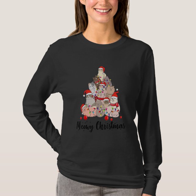 Cute Cat Santa Hat Christmas Tree Cat  Meowy Xmas T-Shirt (Vorderseite)
