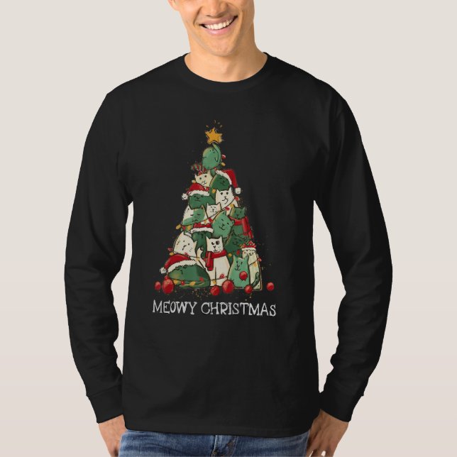 Cute Cat Santa Hat Christmas Tree Cat  Meowy Xmas T-Shirt (Vorderseite)