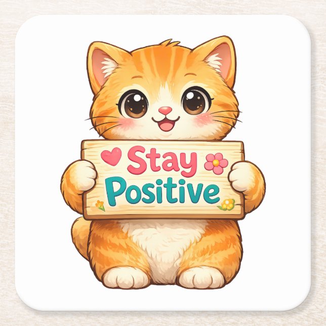 Cute Cat Stay Positive Artwork Rechteckiger Pappuntersetzer (Vorderseite)