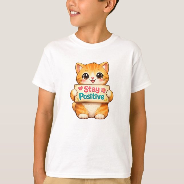 Cute Cat Stay Positive Artwork T-Shirt (Vorderseite)
