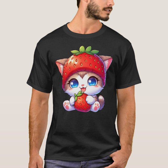 Cute Cat Strawberry Fruit Quirky Hat T-Shirt (Vorderseite)