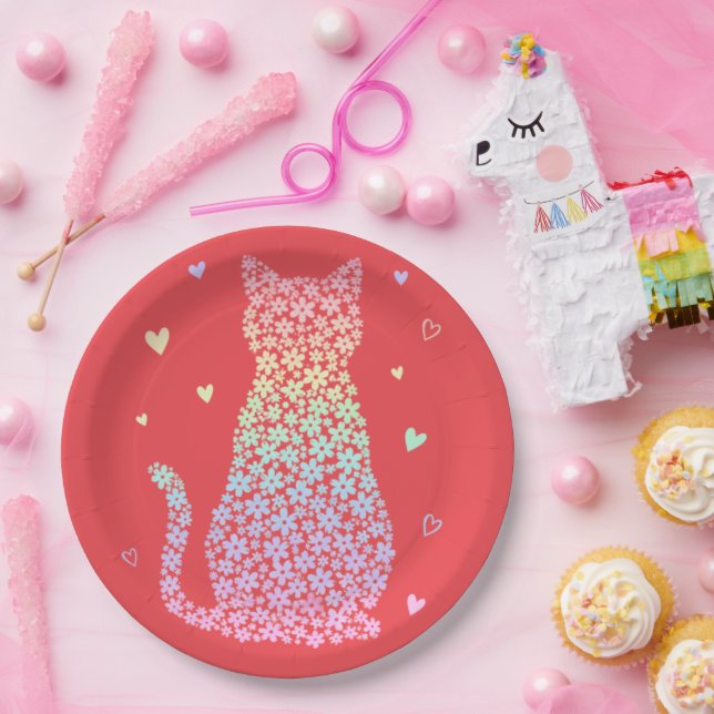  cute cat sweet rainbow hearts pastel gradient pappteller (Party)