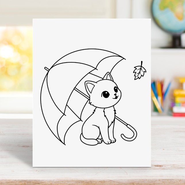 Cute Cat Umbrella Leaf Coloring Page Poster (Von Creator hochgeladen)