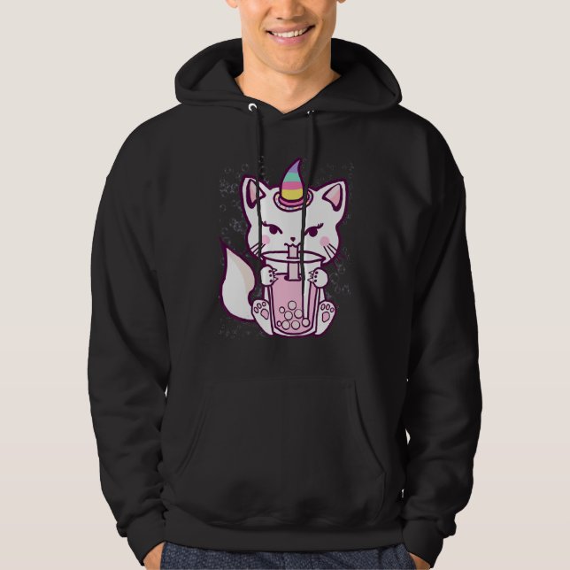 Cute Cat Unicorn Drinking Bubble Tea Design Hoodie (Vorderseite)