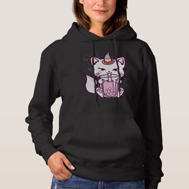 Cute Cat Unicorn Drinking Bubble Tea Design Hoodie (Vorderseite)