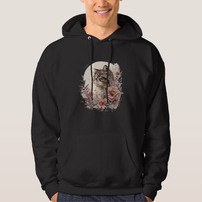 Cute Cat Watercolor Botanical Garden Aesthetic Cat Hoodie (Vorderseite)