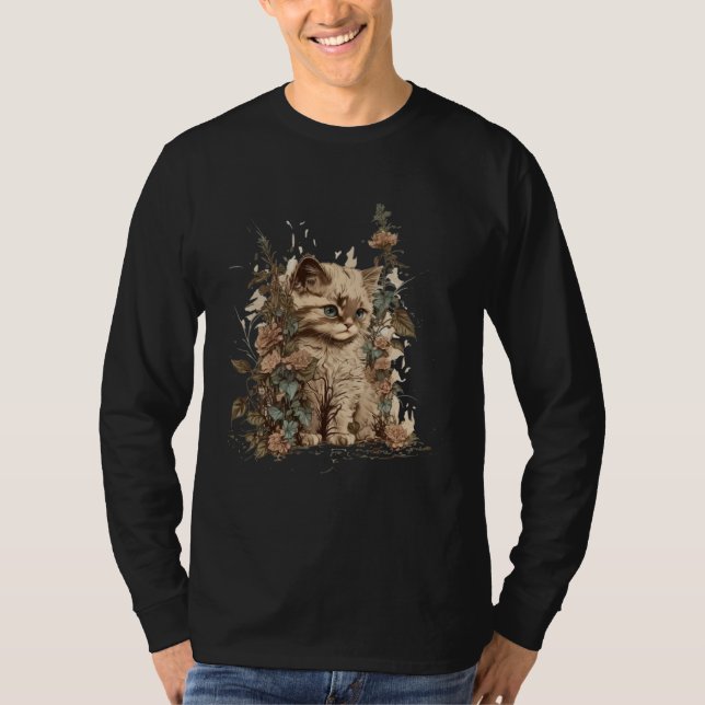 Cute Cat Watercolor Botanical Garden Aesthetic Cat T-Shirt (Vorderseite)