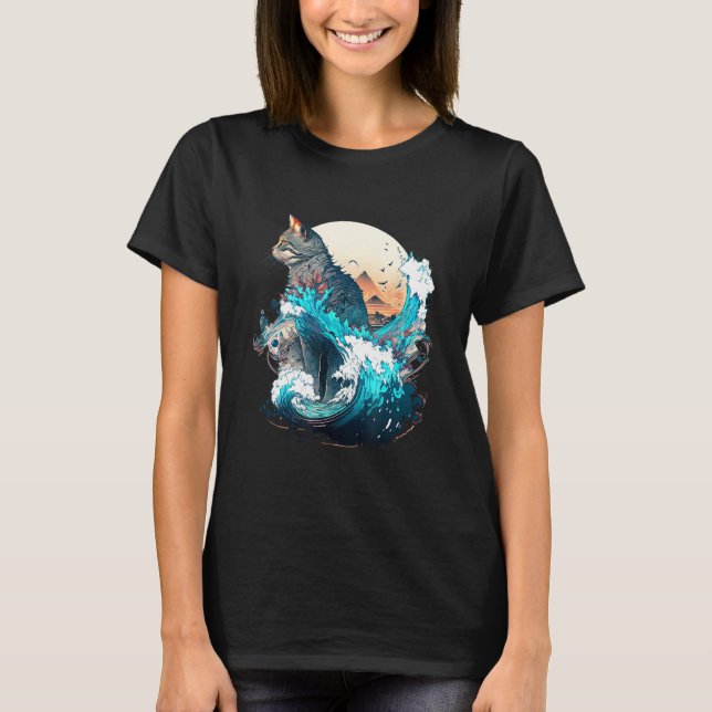 Cute Cat with a ocaen wave Illustration 1 T-Shirt (Vorderseite)