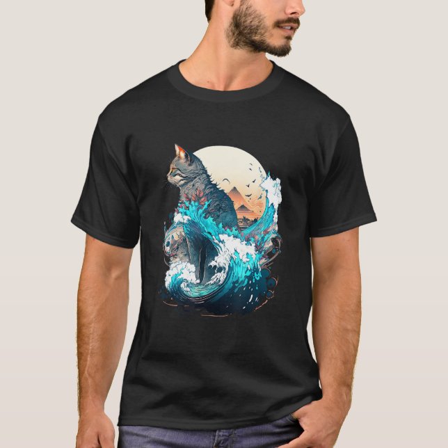 Cute Cat with a ocaen wave Illustration 1 T-Shirt (Vorderseite)