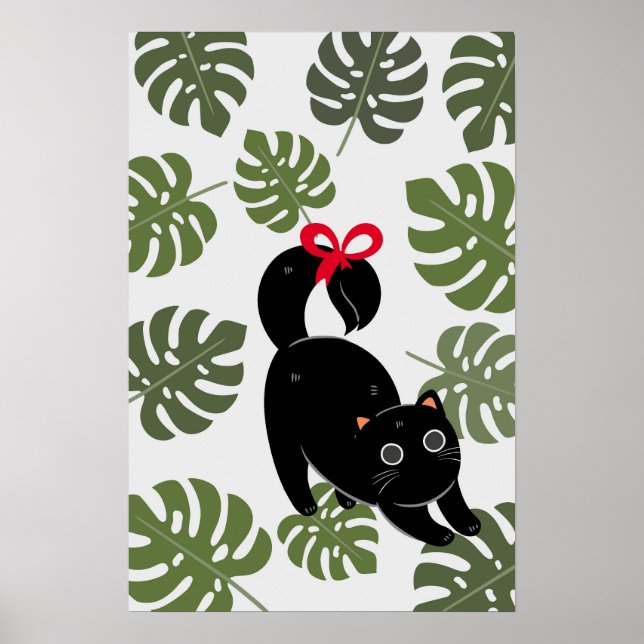 Cute Cat With Bow Monstera Leaves Poster (Vorne)