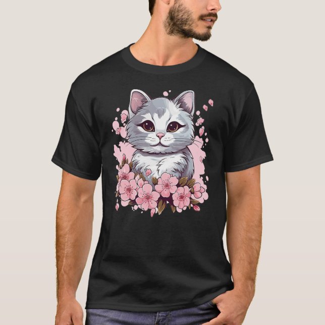 Cute Cat With Cherry Blossoms I Kids Cat (4) T-Shirt (Vorderseite)