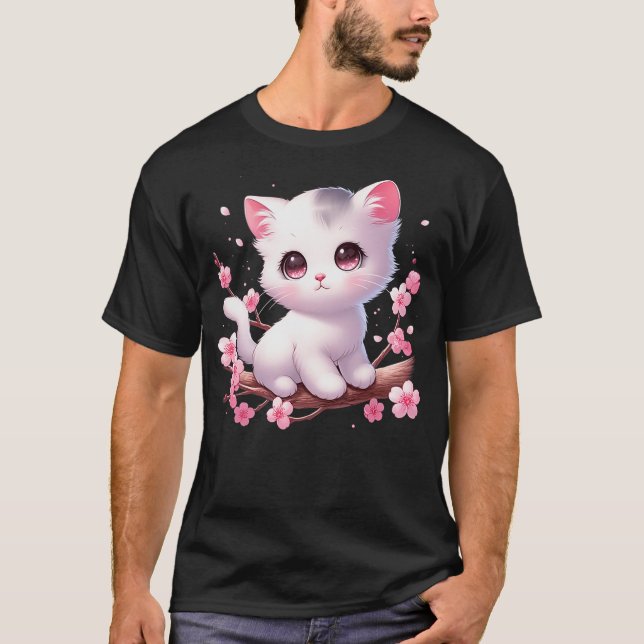 Cute Cat With Cherry Blossoms I Kids Cat T-Shirt (Vorderseite)