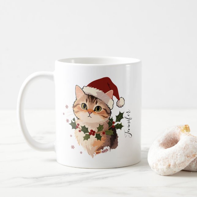 Cute Cat with Christmas hat Personalized Name Kaffeetasse (Mit Donut)