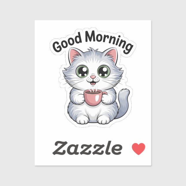 Cute Cat with Coffee “Good Morning” Sticker (Blatt)